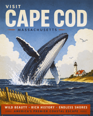 Visit Cape Cod Massachusetts Travel Poster - Coastal Whale Wall Art