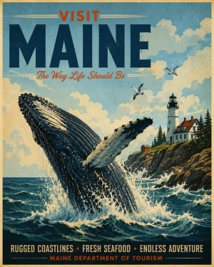 Visit Maine Travel Poster - Coastal Whale Wall Art