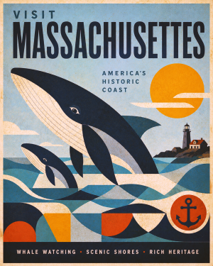 Visit Massachusetts Poster - Coastal Whale Wall Art