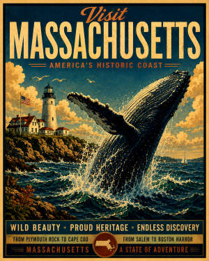 Visit Massachusetts Travel Poster - Coastal Whale Wall Art
