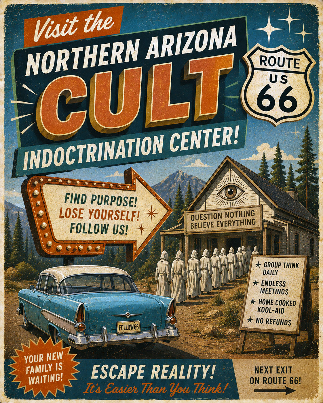 Visit the Northern Arizona Cult Indoctination Center - Route 66 Parody Poster