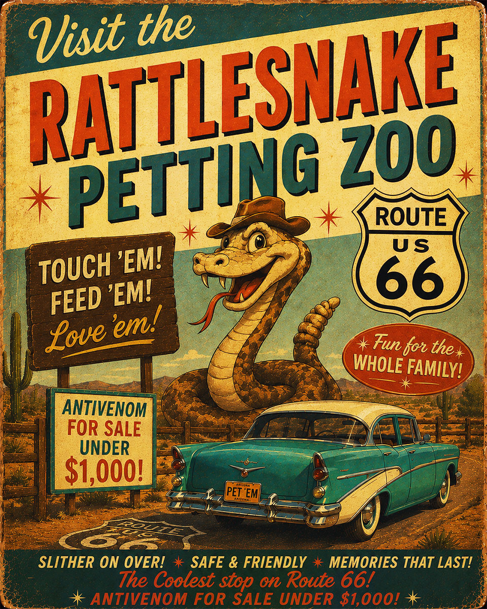 Visit the Rattlesnake Petting Zoo - Route 66 Parody Poster