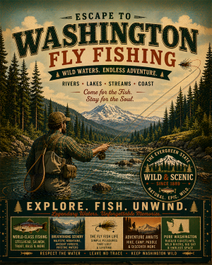 Washington State - Fly Fishing Vintage Retro Poster Art Print