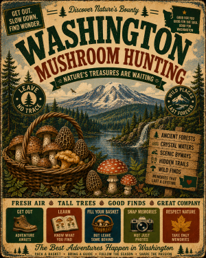 Washington State - Vintage Retro Mushroom Hunting Poster Art Print