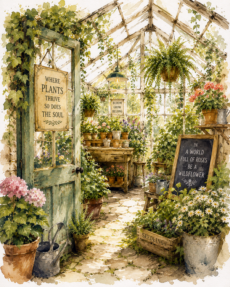 Watercolor Greenhouse Overflowing with Plants - Cottagecore Art Prints