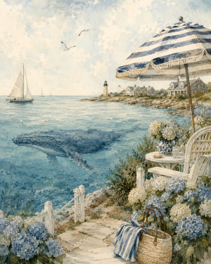 Watercolor Humpback Just Off Shore - Coastal Whale Wall Art