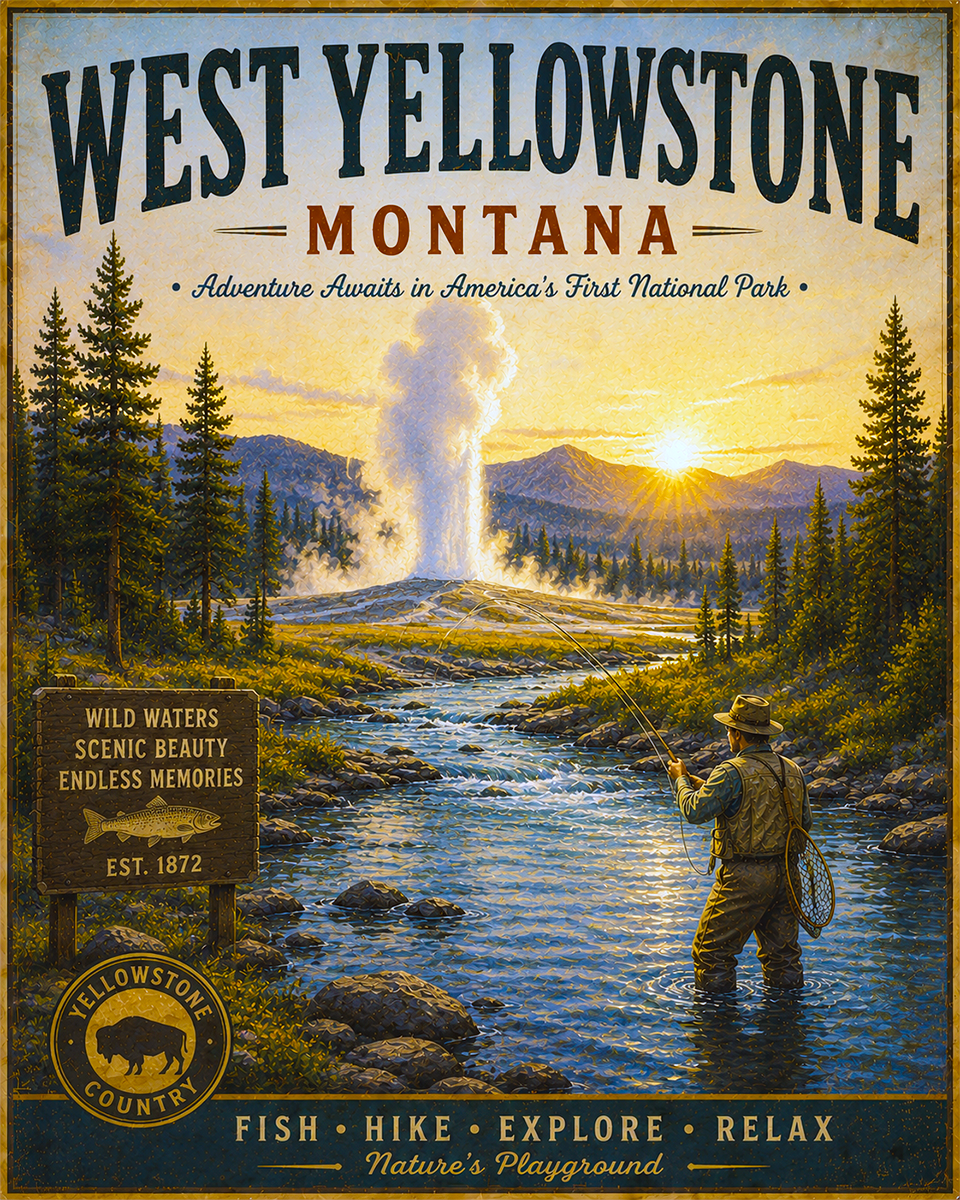 West Yellowstone Fishing Art Print - Vintage Lake and Fly Fishing Wall Decor