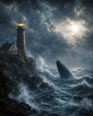 Whale Surfacing in Stormy Sea by Lighthouse - Coastal Wall Art