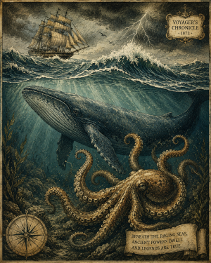 Whale and Octopus Below Stormy Seas - Coastal Wall Art