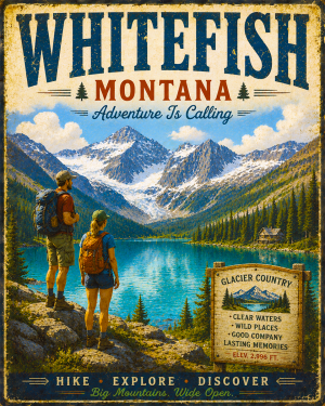 Whitefish Montana - Adventure Is Calling Art Print - Vintage Travel Poster Mountain Town Wilderness Wall Decor