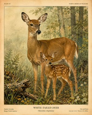 Whitetail Deer Doe and Fawn - Vintage Wildlife Art - Antique Nature Illustration