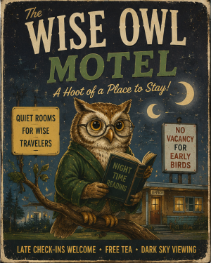 Wise Owl - Vintage Advertising Parody Motel Ad