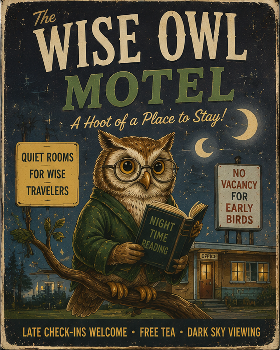 Wise Owl - Vintage Advertising Parody Motel Ad