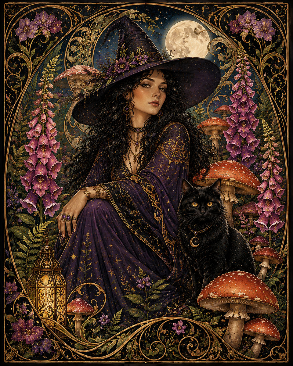 Witch Cat Amanita Mushrooms - Metaphysical Art Prints & Spiritual Wall Decor
