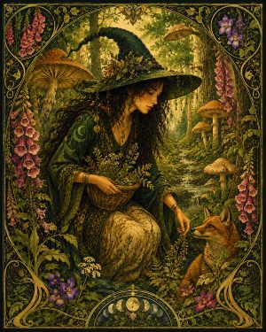 Witch Collecting Herbs - Wiccan and Pagan Artwork