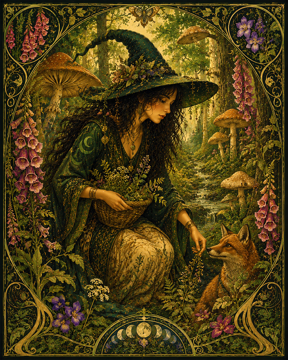 Witch Collecting Herbs - Wiccan and Pagan Artwork