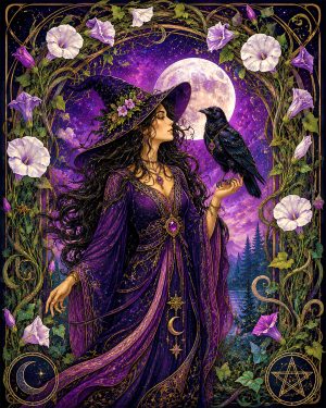 Witch Moonflowers Raven - Wiccan and Pagan Artwork