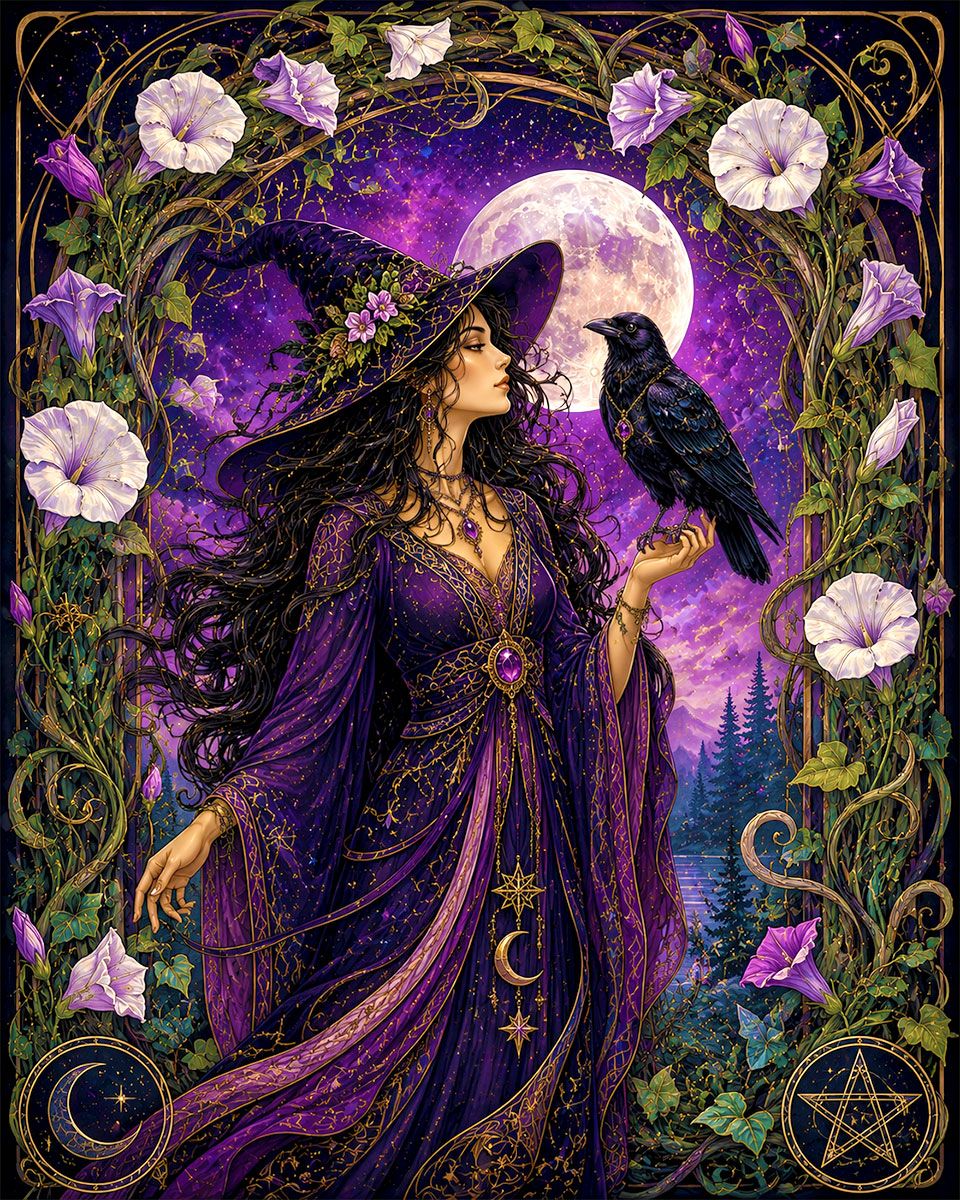 Witch Moonflowers Raven - Wiccan and Pagan Artwork