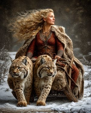 With Her Cat Pulling Her Sled - Freyja the Norse Goddess Art Print