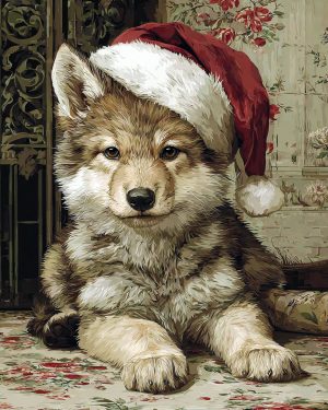 Wolf Pup in Santa Hat - Christmas Art Prints