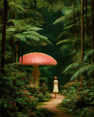 Woman Surprised by Large Amanita - Mushroom Decor