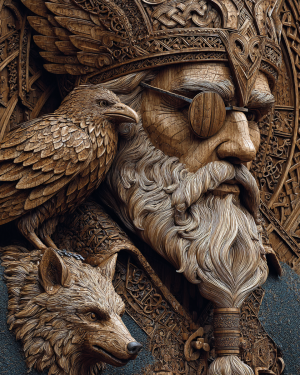 Wood Carving - Odin with His Wolf and Ravens - Norse Mythology Art Print Art Print