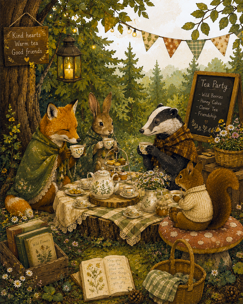 Woodland Tea Party with Animals - Cottagecore Art Prints