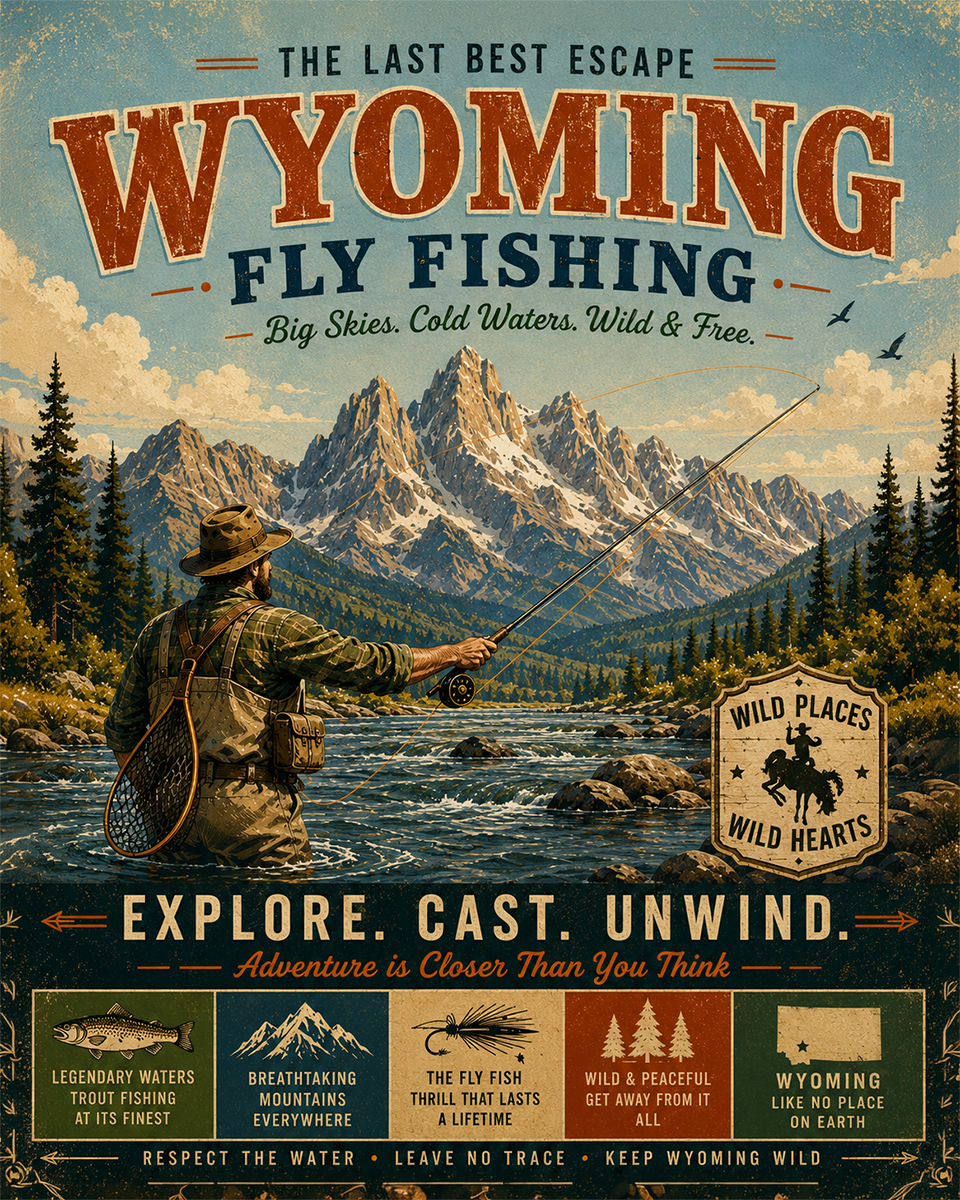 Wyoming - Fly Fishing Vintage Retro Poster Art Print