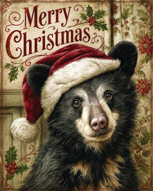 X-Mas Bear Cub in Santa Hat - Christmas Art Prints