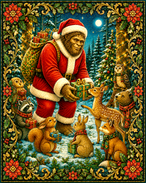 X Mas Bigfoot Santa Claus - Christmas Art Print