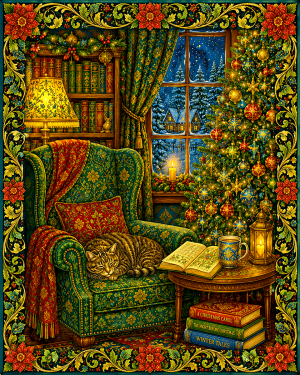X Mas Cat Sleeping in Chair - Christmas Art Print