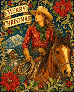 X Mas Cowgirl - Christmas Art Print