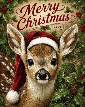 X-Mas Fawn Deer in Santa Hat - Christmas Art Prints