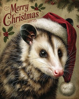 X-Mas Opossum in Santa Hat - Christmas Art Prints