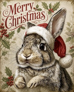X-Mas Rabbit in Santa Hat - Christmas Art Prints