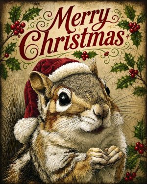 X-Mas Squirrel in Santa Hat - Christmas Art Prints