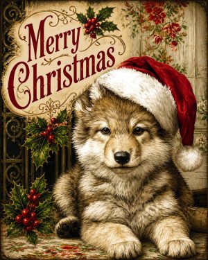 X-Mas Wolf Pup in Santa Hat - Christmas Art Prints