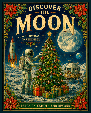 X Mas on the Moon - Christmas Art Print