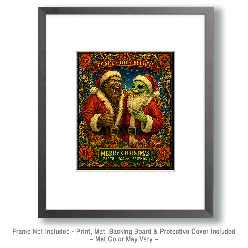 Bigfoot and Alien as Santa Claus - Christmas Art Print - Image 2