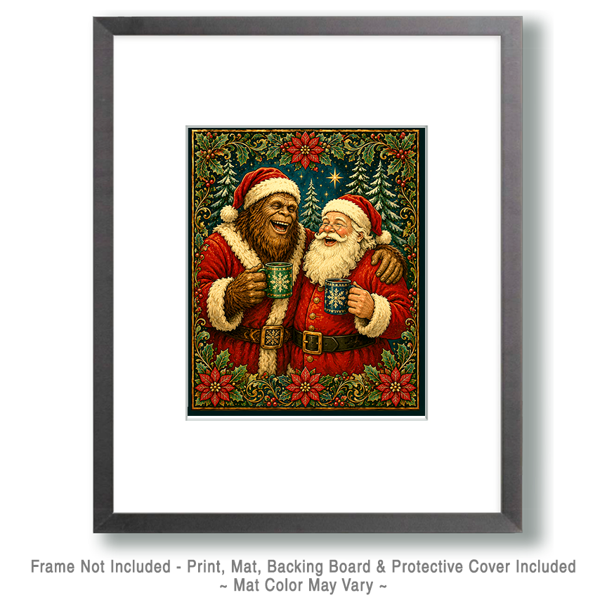Bigfoot with Santa Claus - Christmas Art Print - Image 2