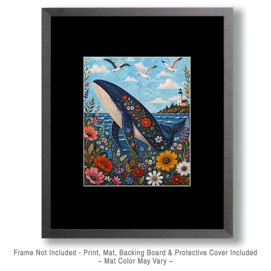 Folk Art Floral Whale - Coastal Wall Art - Image 2