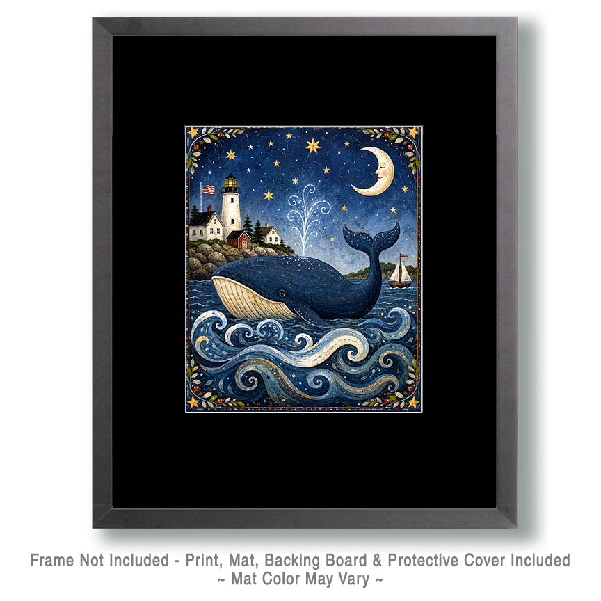 Folk Art Whale Along Coast with Lighthouse - Coastal Wall Art - Image 2