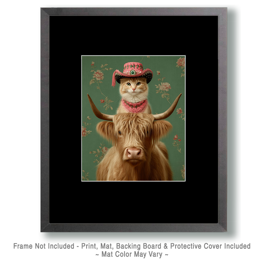 Michi on a Highland Cow - Cats in Hats Art Print - Image 2