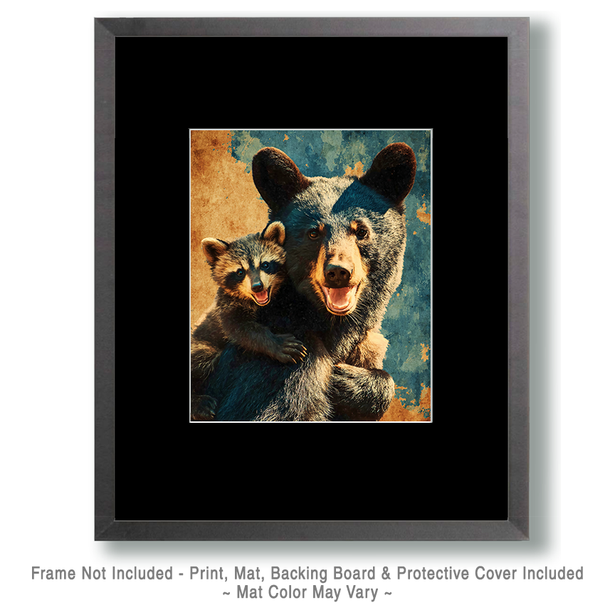 Vintage Style Bear and Raccoon Friends - Black Bear Art Print - Image 2