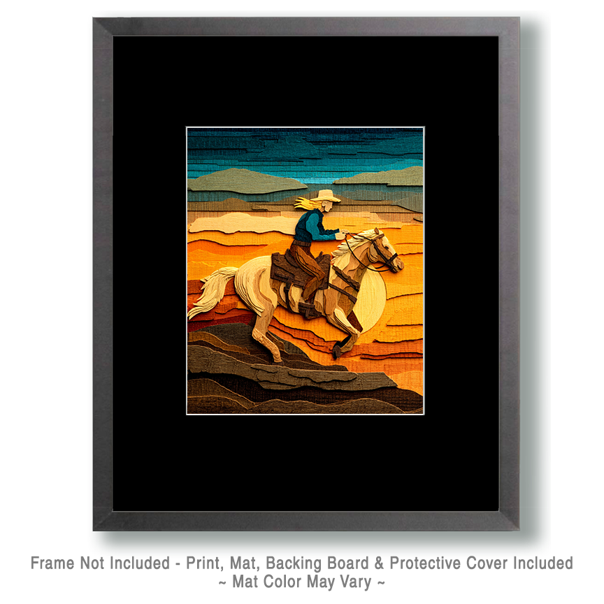 Wholesale Cowgirl on a Horse Art Print - Wood Relief Style - Rustic Western Wall Art.png - Image 2
