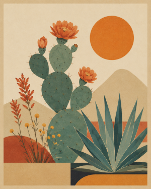 70's Style Desert Scene Southwestern Matted Art Print - Wholesale Retail Decor