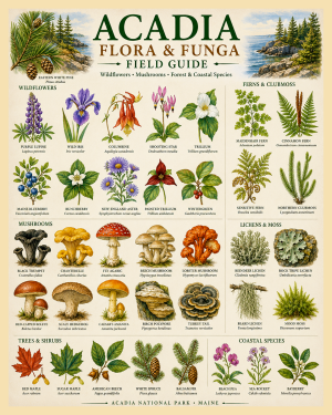 Acadia Flora & Funga Field Guide Chart Matted Art Print - Wildflowers Mushrooms and Coastal Forest Species