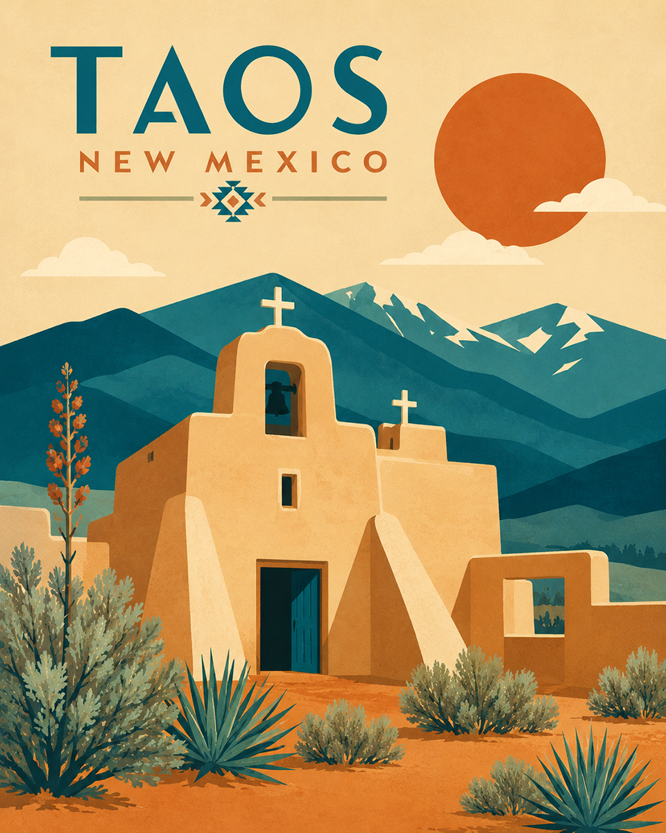 Adobe Church in Taos Art Print in Mat - Wholesale New Mexico Decor