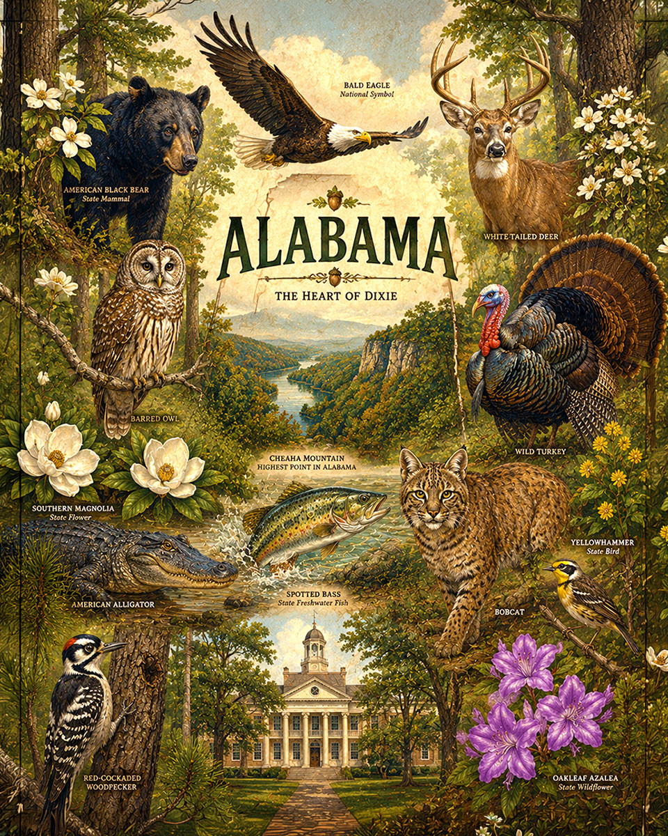 Alabama-Native-Wildlife-Collage-Matted-Art-Print