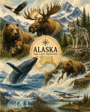 Alaska-Wildlife-Heritage-Collage-Matted-Art-PrintQQMoose-Bears-Whales-and-Wilderness-Art